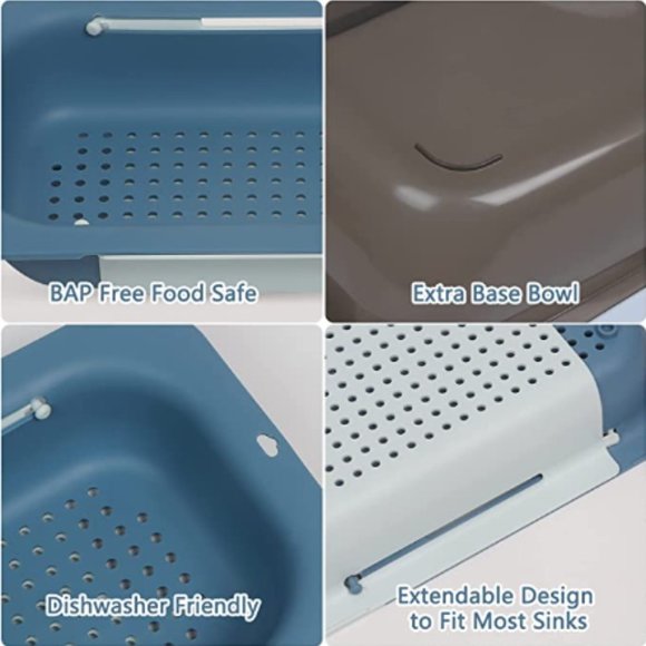 Extendable Over-the-Sink Kitchen Strainer - Colander Basket Set w/ Bowl (Blue) - Picture 5 of 11